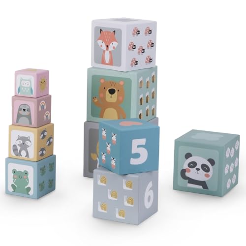 Mamabrum, Tour d'empilage pour Enfants, 10 éléments - Chiffres et Animaux, 10 Cubes en Carton de différentes Tailles, pour Enfants Tour d'empilage de Jouets...