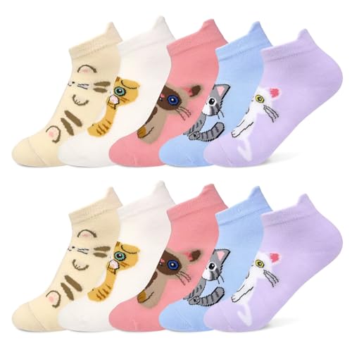TUUHAW Sneaker Socken Damen 35-38 Lustige Katzen Socken Mädchen 35-38 Kindersocken Baumwolle Lustige Bunte Sneakersocken mit Karikatur Tier Muster