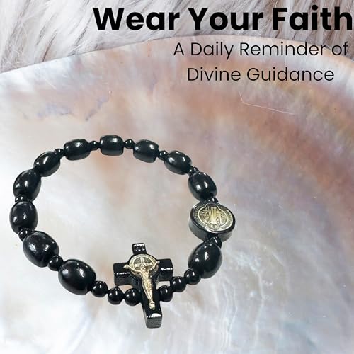 Catholica Shop - Catholic Religious Wear Elasticated Saint Benedict Bracelet Wooden Beads Decade Rosary Stretchable Bracelet for Men and Women4