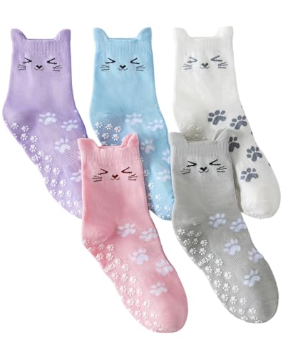 Image of Yawlsow Pilates Grip Socks for Women Cute Yoga Grippy Non Slip Non Skid Cat Socks with Cat Paw Gripper for Barre Workout