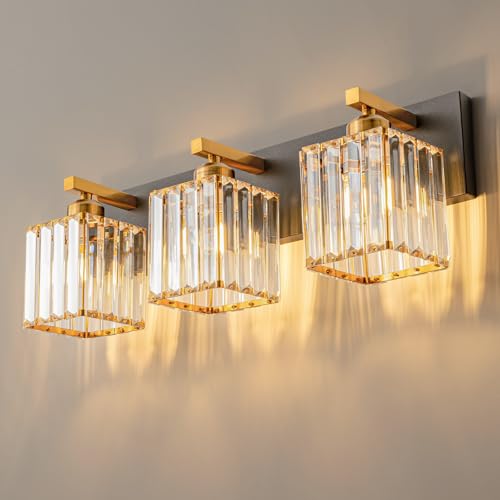 FDPBY Modern Bathroom Vanity Light 3-Lights Black Gold Crystal Bathroom Wall Light Vanity Light Fixtures，20.47-inch Modern Minimalist Design