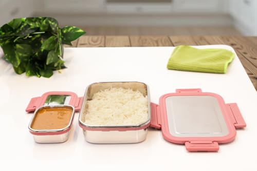 Image of Premium Stainless Steel Lunch Box, Combo, 700ml + 200ml, Leakage Proof /Airtight Containers Lunch Box for Office Use, Bento Lunch Box for Men /Women, 4 Side Clip Lock Lid - Blue /Pink