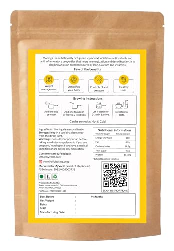 Image of Mindful Eating Pure Moringa Leaves Tea Blended with Tulsi & Ginger - Herbal Tea, Natural Ingredients, Dried Drumstick Tree Leaves, Immunity Booster, Caffeine-free, Herbal Drink - 70g