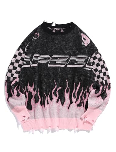 ZAFUL Men's Oversized Sweater Y2K Aesthetic Flame Graphic Crewneck Knit Pullover Unisex Casual Sweaters