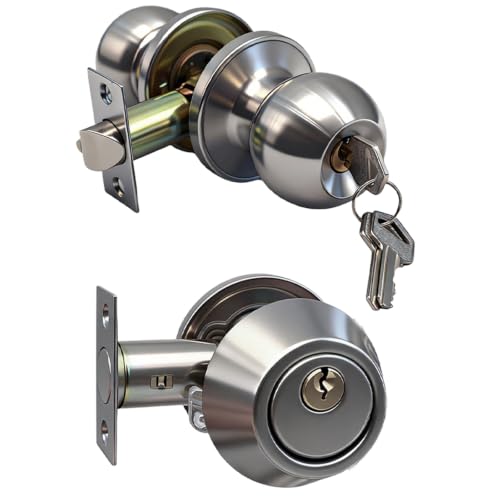 1 Pack Door Knobs Set, Single Cylinder Deadbolt All Keyed Same Entry Door Knob Combo Set with Lock and Keys for Entrance and Front Door, Exterior Round Ball Door Locksets by MAGP - Used condition - US$14.47