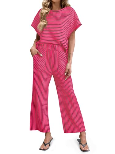 Image of Tankaneo Womens Striped 2 Piece Sets Short Sleeve T Shirts Wide Leg Pants Matching Lounge Set with Pockets