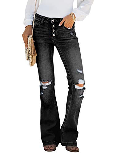 Sidefeel Women Button Up Bell Bottom Jeans Ripped Flare Fitted Denim Pants Small Black