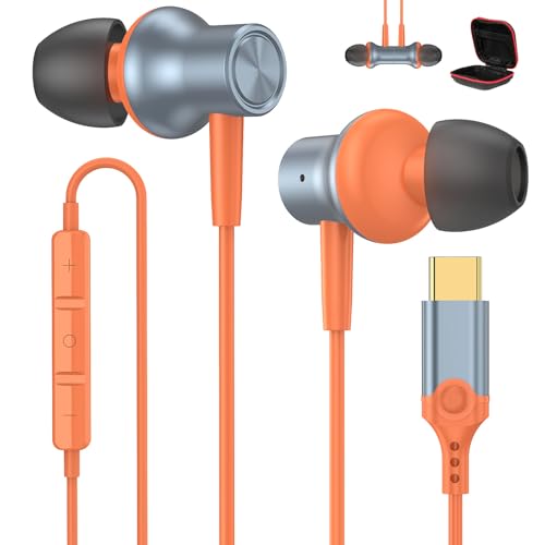 Écouteurs USB C coudés à 90 degrés blanc et orange pour iPhone 16 et Pixel 9