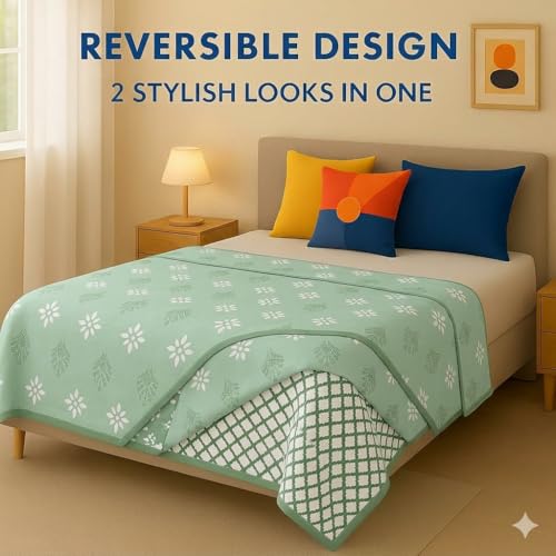 Image of Danip 100% Cotton Reversible AC Dohar Blanket, Throw - Printed Soft, Skin-Friendly, Lightweight & Ideal for All-Weather - 3 Layered Single Bed Dohar for AC Rooms (56 x 88 Inches) - L Green & White