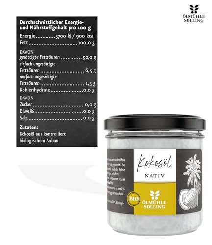 ÖLMÜHLE SOLLING - BIO Kokosöl | 100% natives Bio-Kokosnussöl | Ideal geeignet zum Braten, Backen und Frittieren, als Haut-& Haarpflege sowie für Hunde und Katzen | Inhalt: 100 ml