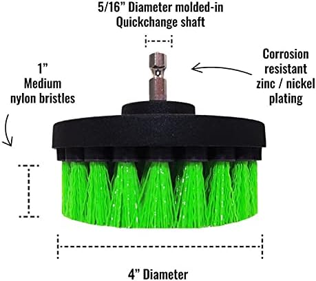 Kornely Premium Drill Brush, Medium Stiff, Green 5pcs. SET. Professional Power Scrubber. Doesn't Scratch Surfaces. Suitable for Kitchen, Stove and Oven, Cabinets, Counters, Dirty pots, Floor Cleaning