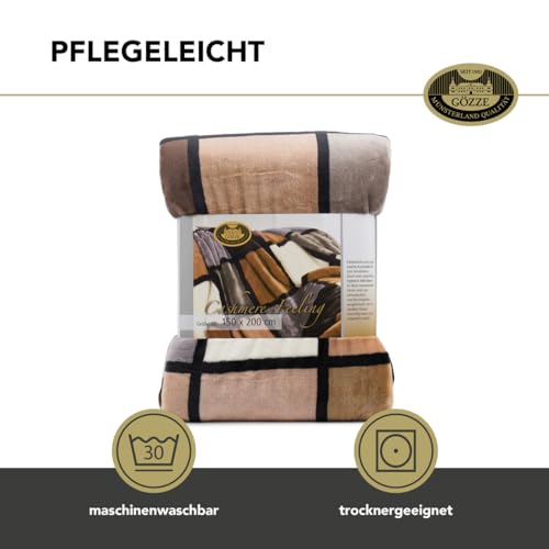 Gözze - Weiche Kuscheldecke, Cashmere Feeling, Hohes Stoffgewicht 500 g/m², Antigua, 150 x 200 cm - Taupe/Creme/Schoko