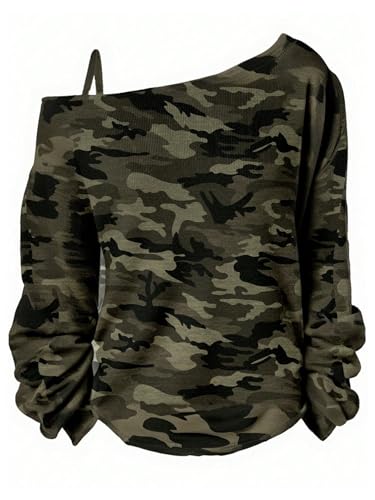 Image of RoseSeek Women's Cold Off Shoulder Denim Print T Shirt Long Sleeve Loose Graphic Tee Tops Camo Green Small