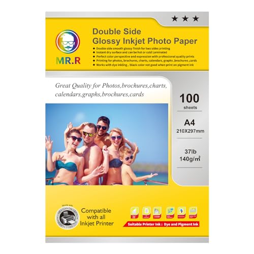 MR.R 100 hojas de papel fotográfico brillante de doble cara, 140 g/m², A4, para impresoras de inyección de tinta, apto para impresión de fotos, cubiertas, tarjetas, certificados, folletos, calendarios