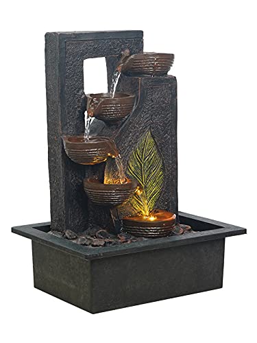 Image of Polyresin Table Top Black 4 Diya Steps & Green Leaf Design Indoor Waterfall Fountain for Home Decor with LED Lights & Speed Controller Pump (Size: 40 x 29.5 x 22CM | Weight: 2250grm)
