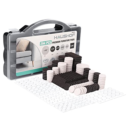 HAUSHOF 294 PCS Felt Furniture Pads and Cabinet Door Bumpers, Anti Scratch Hardwood Floor Protectors for Furniture Feet and Chair Legs, Premium Self Adhesive Felt Pads with Storage Box