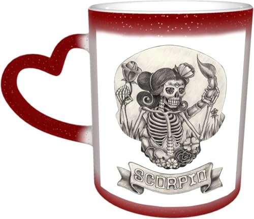 DOHXQM Taza Café cerámica, Taza de café con efecto térmico y cambio de color 330 ml Taza Mágica Regalo interesante,Cráneo del zodiaco Escorpio. Dibujo a mano sobre papel.