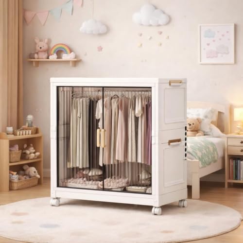 Image of Owme Modular Plastic Wardrobe for Bedroom | 1 Tier Foldable Cupboard with Hanging Rod | Stackable Storage Almirah for Clothes with Wheels | Multi-Layer Plastic Storage Cabinet - White