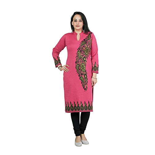Image of Rosary Women's Winter Wear Jacquard Woolen Straight Kurti with 2 Side Pockets,Hotpink Kurti,XL