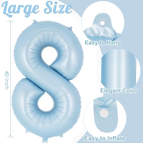 Image of Light Blue Number 8 Balloon, 40 Inch Big Large Foil Number Balloons, Giant Mylar Number 8 Balloons for 8 Year old Birthday Baby Party Decorations Supplies Anniversary