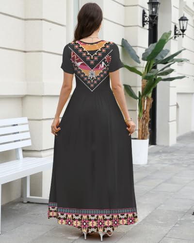 Image of COSSEN Women's Crew Neck Short Sleeve Maxi Dress with Pockets Casual Loose Swing for Wedding Guest Beach Vacation