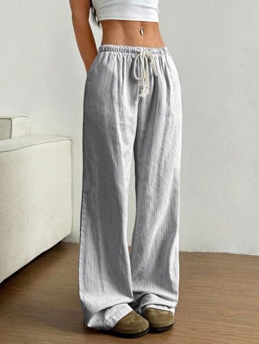 Women's Wide Leg Pants Y2K Striped Lounge Drawstring High Waist Loose Fit Baggy Sweatpants Fall Casual Trousers3