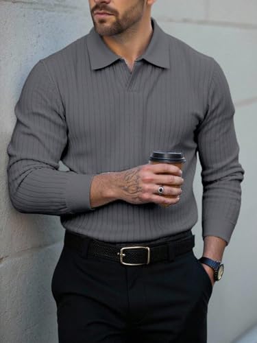 ZAFUL Mens Knit Polos Long Sleeve Casual Sweater Polos V Neck Collared Sweater Golf Polo Sweaters and Pullovers3