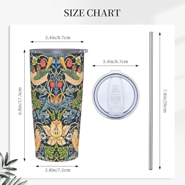 William Morris Strawberry Thief Floral 20oz Tumbler Double Wall Stainless Steel Vacuum Insulated Travel Mug with Splash-Proof Lid Metal Straw and Brush