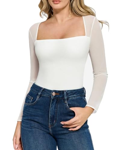 Popilush Mesh Long Sleeve Tops for Women Shapewear Bodysuit Square Neck Going Out Body Suits Fall Concert Outfits
