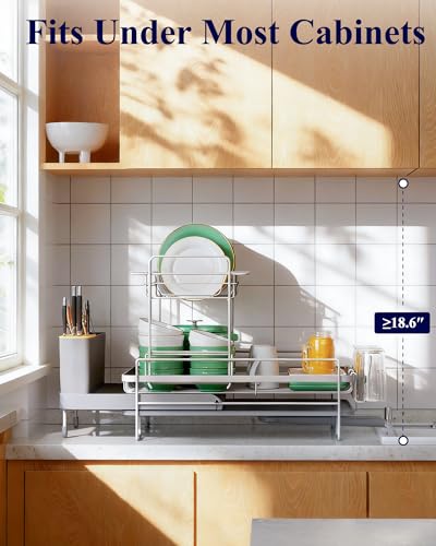 Image of Kitsure Extendable Dish Drying Rack, 19.2 inch-26.7 inch L x 12.9 inch W, 2-Tier | Large Dish Rack, Multifunctional Dish Rack for Kitchen Counter, Anti-Rust Dish Drainers with Cutlery & Cup Holders,Grey