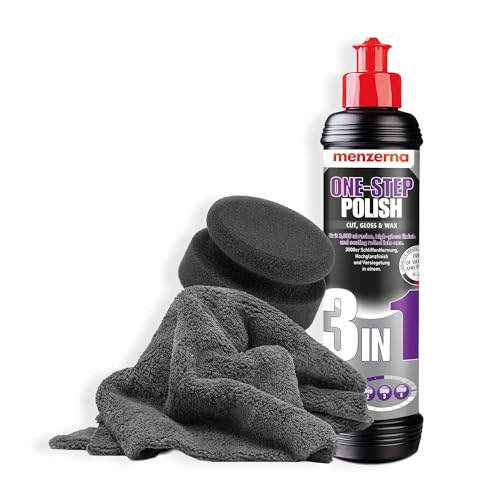 detailmate Handpolitur Auto Set - Menzerna Medium Cut Politur One-Step-Polish 3 in 1, 250ml + Made in Germany Polierschwamm + ultraflausch Mikrofaser Poliertuch 550GSM + 1 Schutzhandschuh