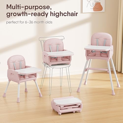 Image of Obee Odee 3-in-1 Portable Baby High Chair for Babies and Toddlers, Convertible Easy Clean Infant Foldable Highchair with Adjustable Legs & Dishwasher Safe Tray, Pink