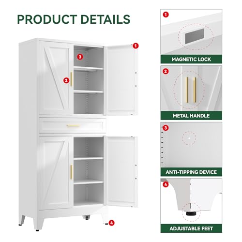 Image of 71 inch Tall Kitchen Pantry Cabinet,Farmhouse Pantry Cabinet,Metal Cabinet with Adjustable Shelves and Drawer,Storage Cabinet for Kitchen Dining Room Garage,White 1 Pack