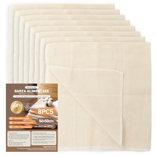 Aerzouser 8 Piezas Colador de Tela，Súper Fino y Lavable Colador Tela 50 x 50 cm，Reutilizable Cheese Cloth，Estameña Para Filtrar Leche de Almendras, Zumos, Batidos de Frutas, Tofu (8 Piezas)