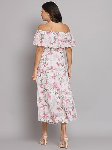 Image of HELLO DESIGN Women Off-Shoulder Floral Printed Georgette A-line Maxi Dress