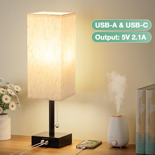 Image of aooshine Pull Chain Small Table Lamp - 3 Color Temperature Bedside Lamp for Bedroom with USB Port, Minimalist Nightstand Lamp with Black Base, Desk Lamp for Kids Room Dorm, Bulb Included | Pull Chain Switch, LED Bulb Included, Cream Fabric Shade, 14.7 inch Small Table Lamp for Nightstand, Desk, Dorm, Office