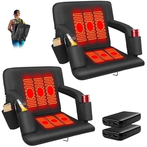 Moteoza Heated Stadium Seats for Bleachers with Battery with Back Support 6 Reclinng Positions Backrest Armrests Adjustable with Pockets for Snacks and Cup Holder with 3 Levels of Heat 2 Pack Cover