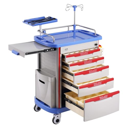 VEVOR 5-Tier Lab Cart With 5 Drawers, 4 Silent Wheels & 2 Trash Cans - Mobile Medical Utility Cart, PP Material - for Clinic, Hospital, Salon, Blue