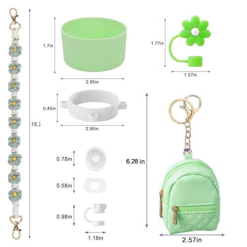 Image of House of Quirk 7 PCS Cup Accessories Set | Tumbler Accessories for 30oz & 40oz | Silicone Boot, Handle Strap, Coin Purse & Straw Covers (Green Charms, Tumbler Not Included)