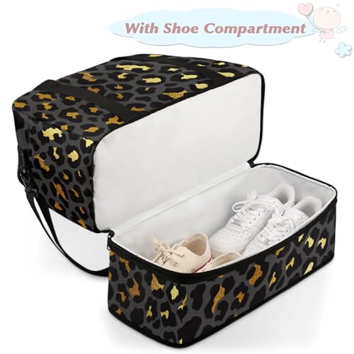 Large Travel Duffel Bag for Women Men Abstract Black Gold Leopard Print Gym Bag Weekender Overnight Bags With Shoe Compartment Foldie Travel Tote Bag Carry On Personal Item Bag for Travel Gym Sports4