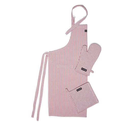 Image of Encasa XO 100% Cotton Apron Set for Women & Men with Adjustable Apron, Oven Gloves & Pot Holder (Pack of 3) Combo, Heat-Resistant, Soft & Durable for Cooking, Baking & Grilling (Ticking Red)