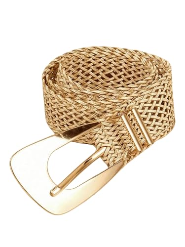 SHENHE Women's Summer Braided Belt Straw Woven Raffia Cowgirl Wide Belts for Dress with Gold Buckle