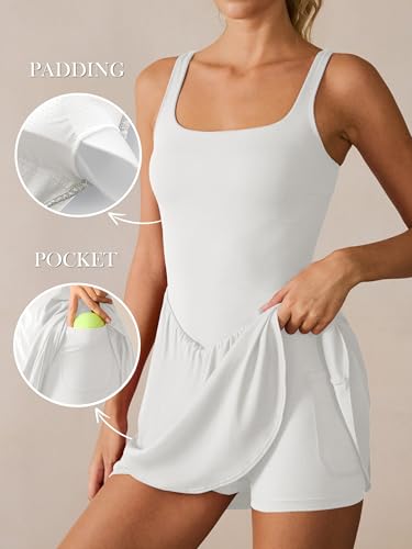 Image of Caracilia Women Tennis Golf Dress with Pocket | Square Neck 2 Layers Hem, Built in Shorts and Bra, Workout Athletic Active Gym, Summer Clothes