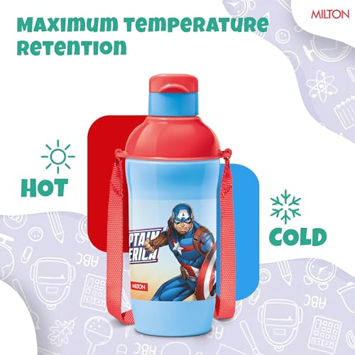 Image of Milton Marvel Steel Slim 400 Insulated Inner Steel Water Bottle for School Kids,Leak Proof FlipTop Lid,Easy to Carry Loop,Insulated Thermo Sipper Bottle for Kids,390 ml,Sky Blue(Captain America print)