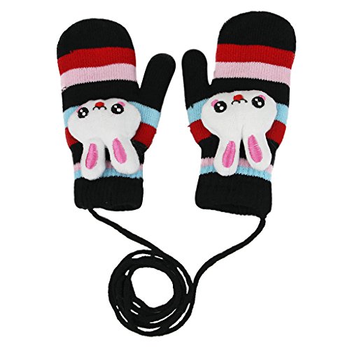 Cute Cartoon Animal Rabbit Toddler Kids Knitted Wool Magic Gloves Girls Boys Warm Thick Fleece Lined Winter Gloves with String Children Baby Outdoor Windproof Ski Thermal Gloves Cable Mittens Gift