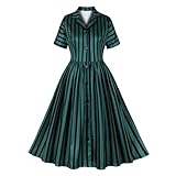 Green and Black Striped Dress for Women Green Vertical Striped Dress for Women Short Sleeve Notched Lapel Vintage Shirt Dresses for Women Button Vintage Halloween Dress for Women 1950s Black Green XL
