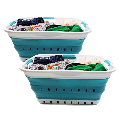 Image of SAMMART 42L (11 gallon) Collapsible Plastic Laundry Basket - Foldable Pop Up Storage Container /Organizer - Portable Basket - Space Saving Hamper /Basket (2, White /Bright Blue)
