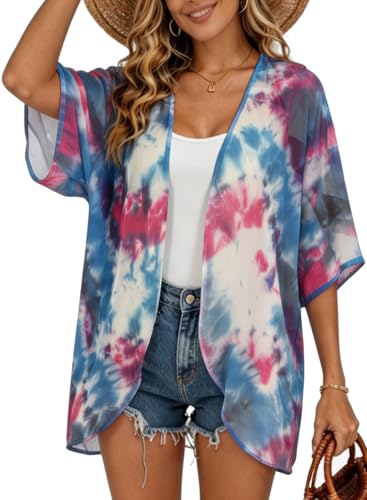 Image of FINOCEANS Womens Floral Chiffon Kimono Cardigans Loose Beach Cover Up Half Sleeve Tops