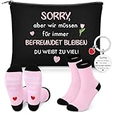 Jadive 3 Set Damen Dankeschön Geschenke für Beste Freundin Personalisierte Freundschaft Geburtstagsgeschenk für Frauen Kollegin Schwester 1 Schlüsselanhänger 1 Kosmetiktasche 1 Paar Freundin Socken
