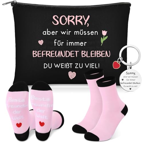 Jadive 3 Set Damen Dankeschön Geschenke für Beste Freundin Personalisierte Freundschaft Geburtstagsgeschenk für Frauen Kollegin Schwester 1 Schlüsselanhänger 1 Kosmetiktasche 1 Paar Freundin Socken